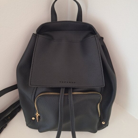 Topshop Textured Faux Leather Black Drawstring Backpack - Picture 1 of 13